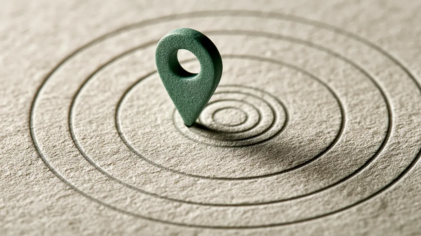 A sage-green map location pin resting on warm textured paper with concentric signal rings radiating outward