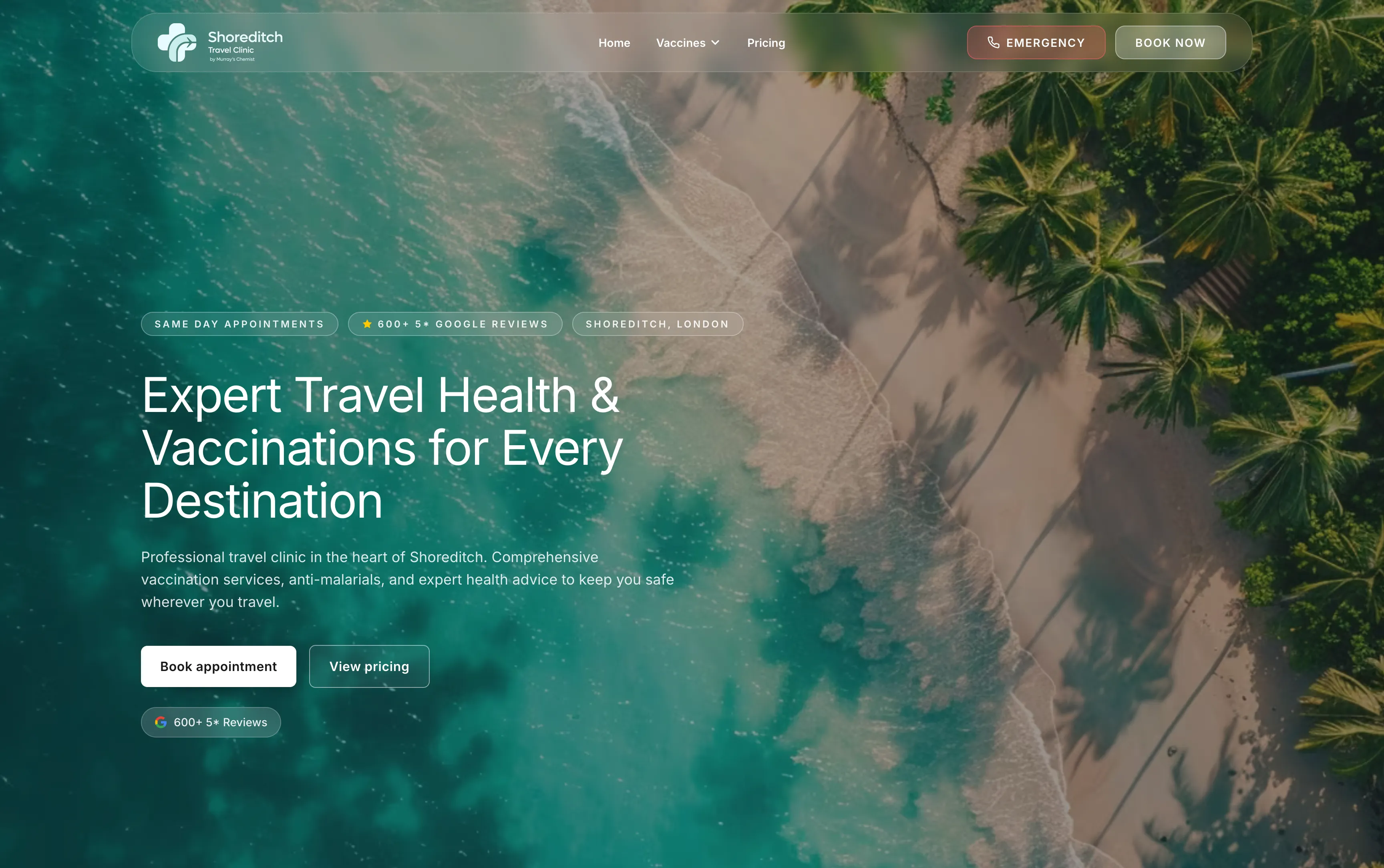 Landing page for Shoreditch Travel Clinic designed by Mapletree Studio.