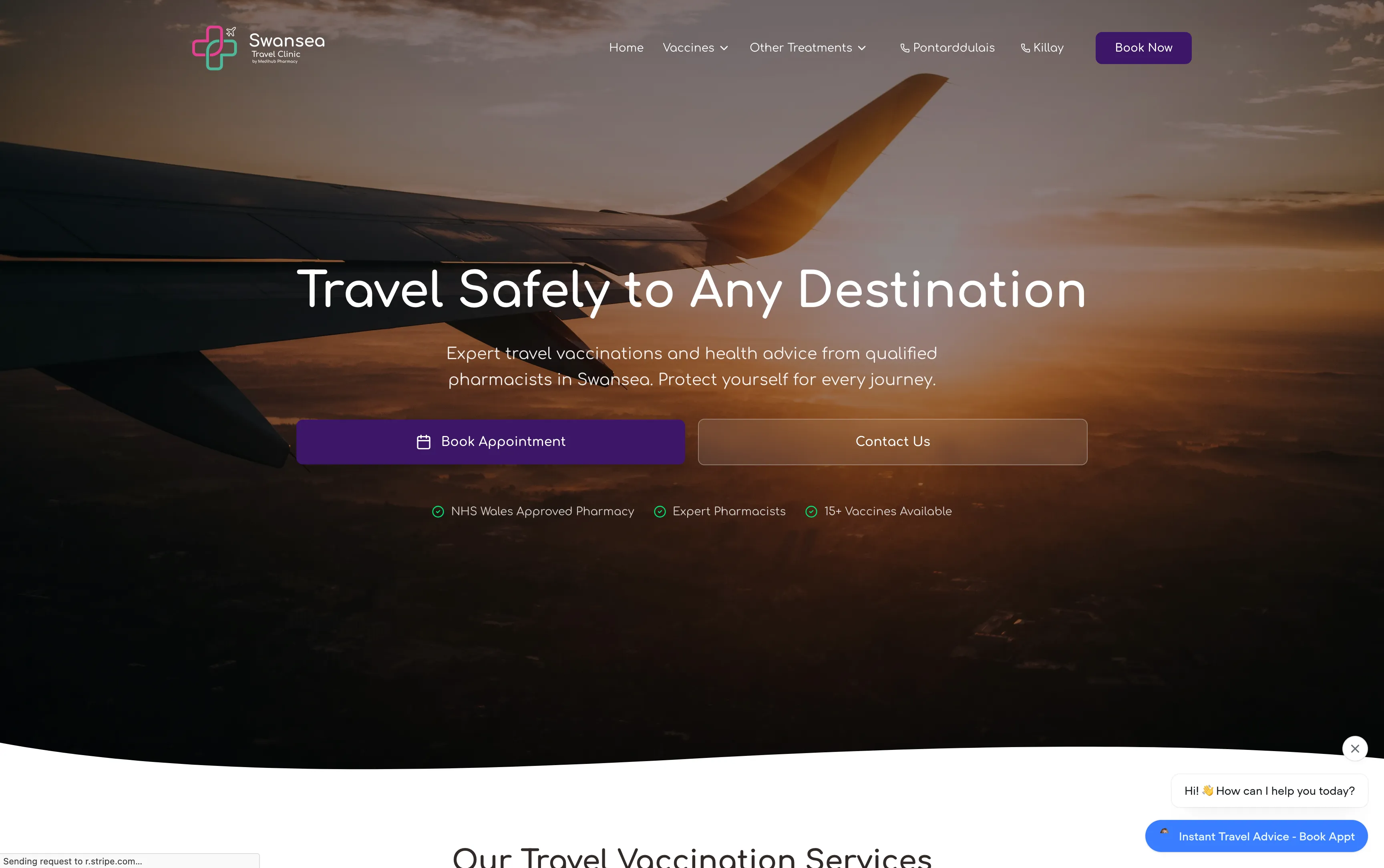 Homepage of Swansea Travel Clinic, a healthcare website built by Mapletree Studio.