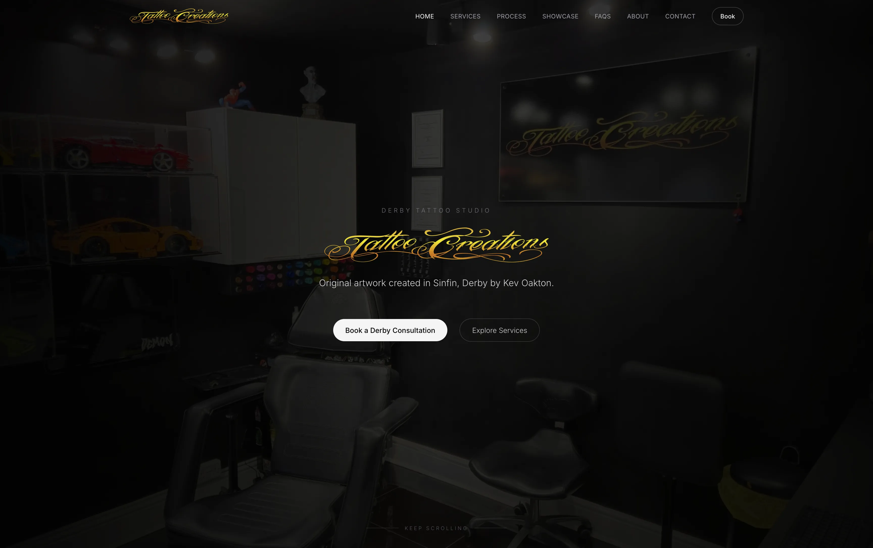 Homepage of Tattoo Creations, a tattoo studio website built by Mapletree Studio.