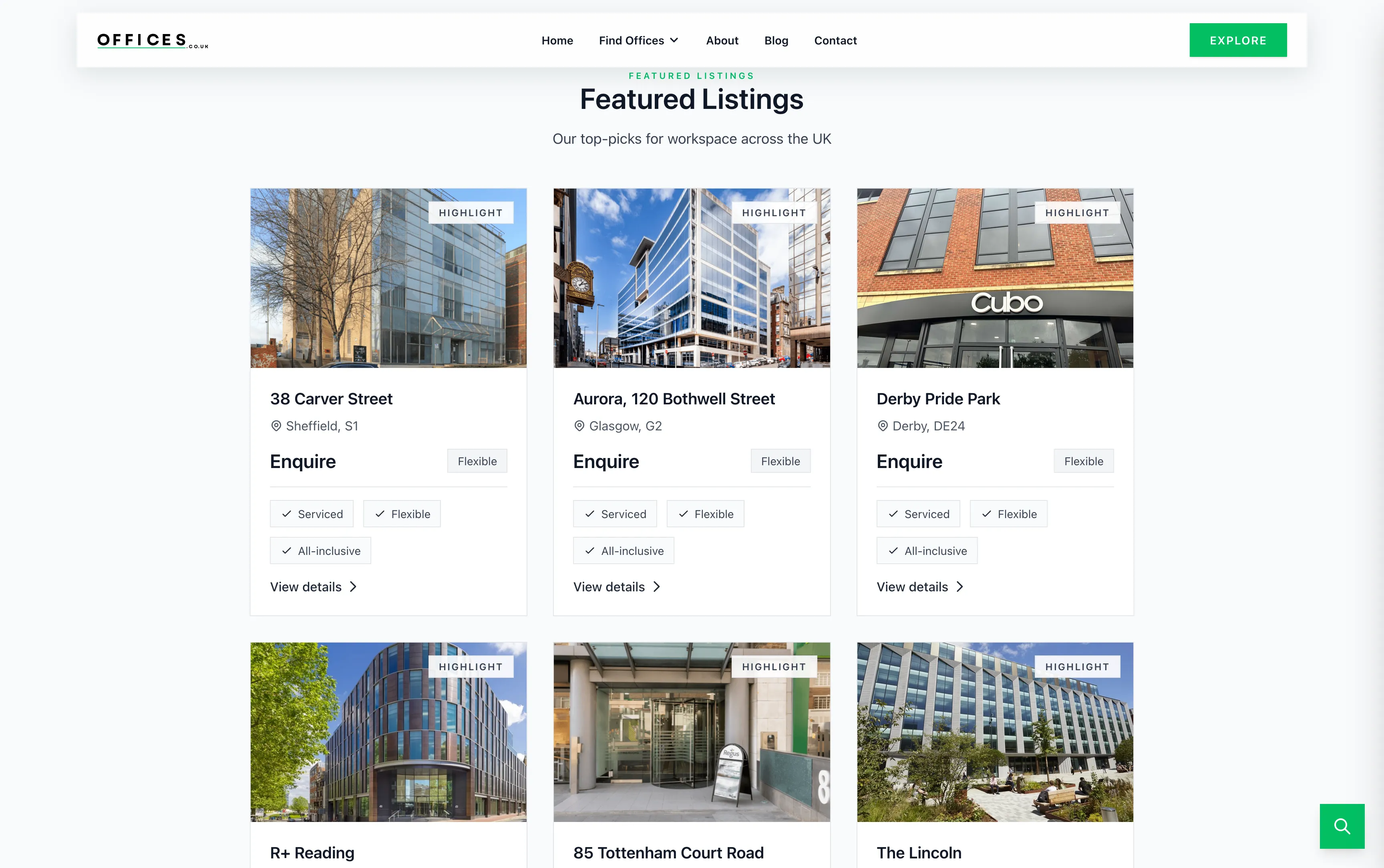 Homepage of Offices, a UK commercial property search website built by Mapletree Studio.